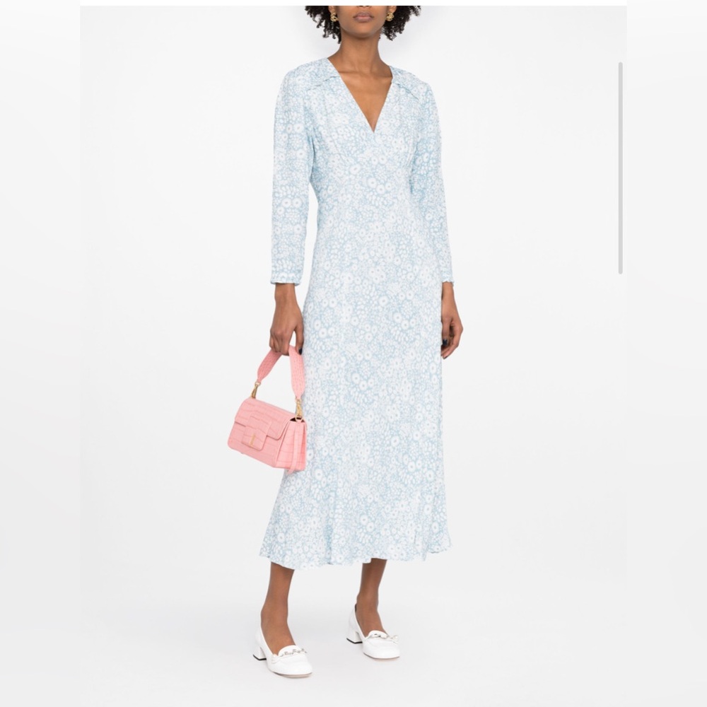 RIXO LONDON Sloan Midi Dress In Blue Primrose Daisy. Worn once size small